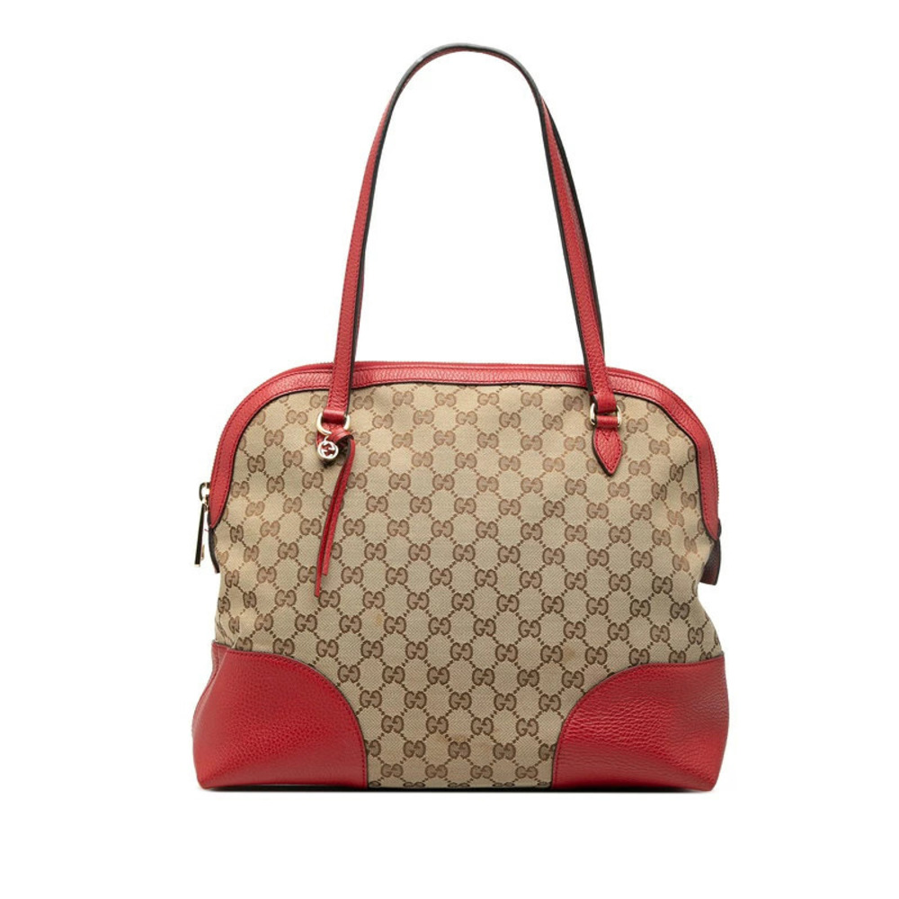 Gucci GG Canvas Shoulder Bag Tote Bag Beige Cream Red Leather